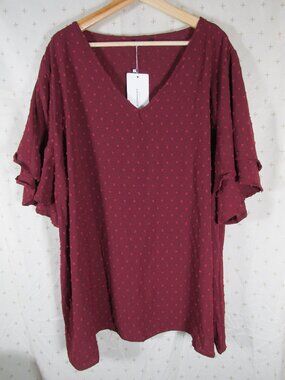 Bloomchic Burgundy Ruffle Sleeve Top Women's Plus Size 28